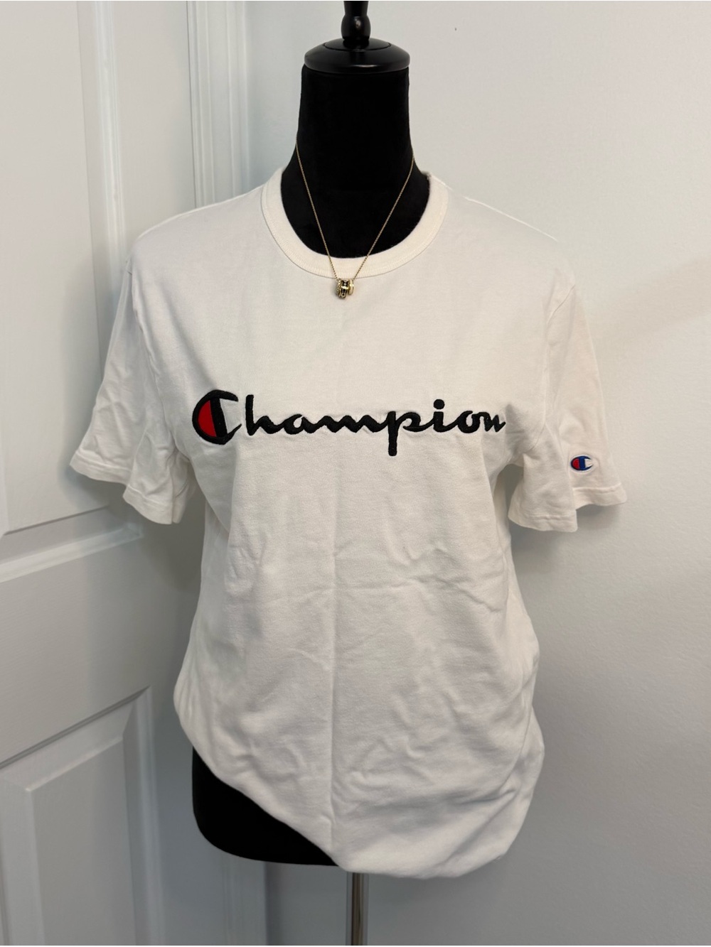 Champion White Tee with Black Script and Red Accent